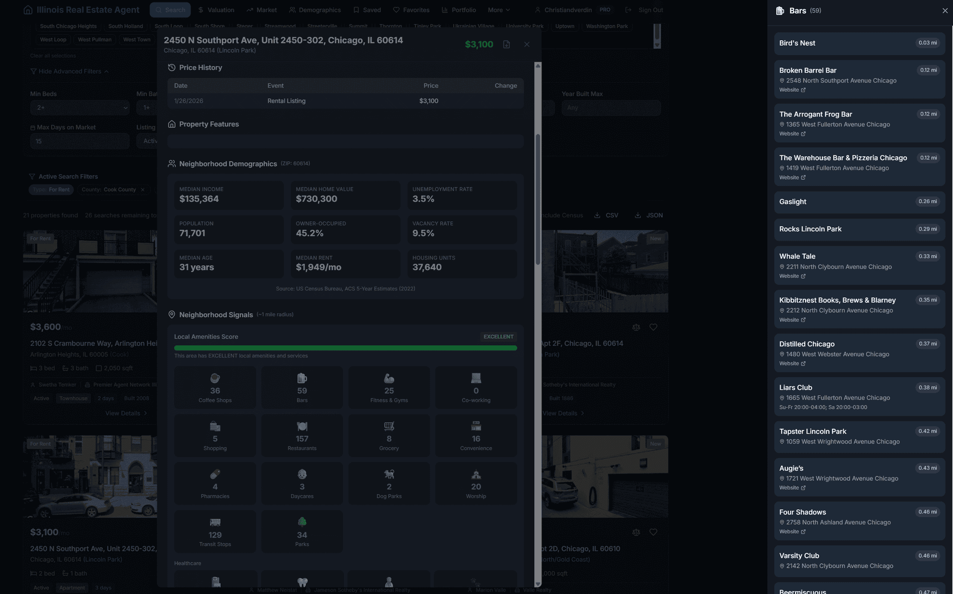 Amenity drilldown showing individual bars, restaurants, and venues near a property with names, addresses, and distances