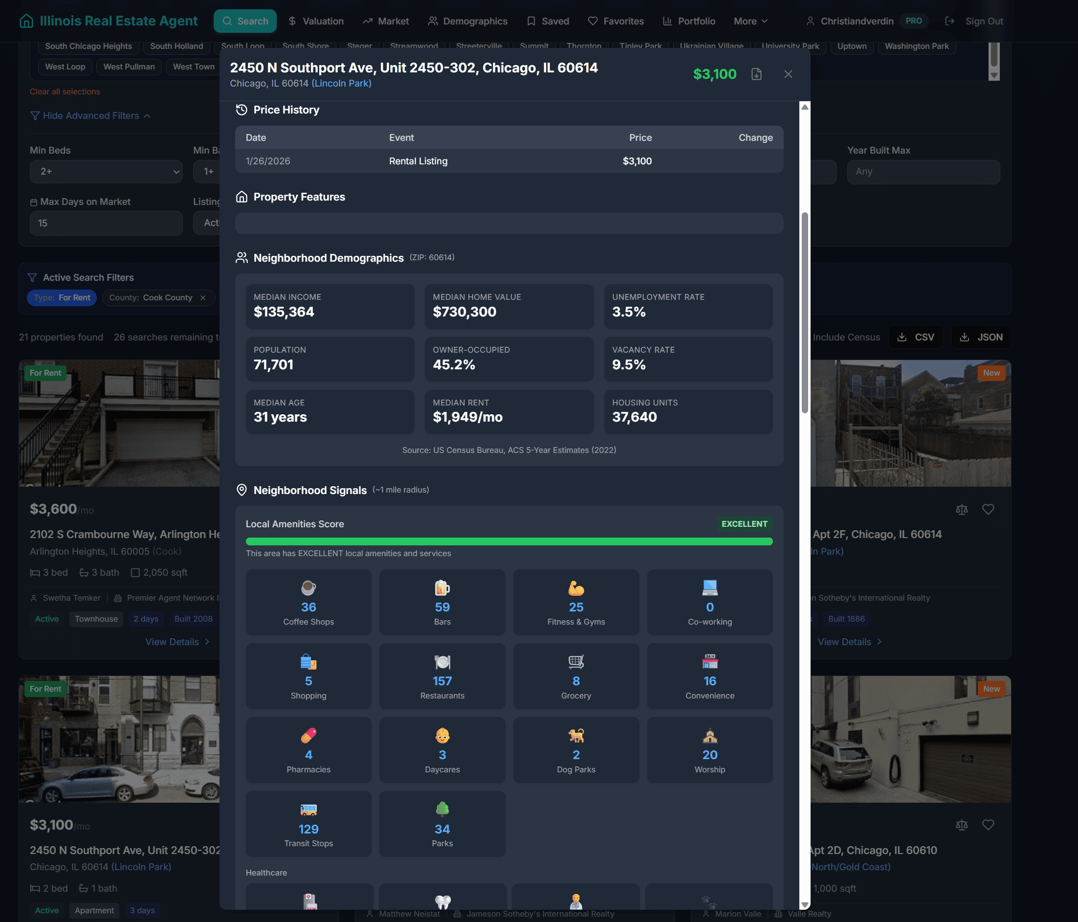Property details modal showing price history, demographics, and neighborhood amenity scores